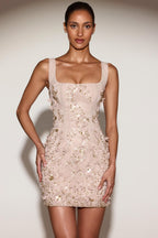 Chic Embellished Appliqué Corset Mini Dress in Pale Gold