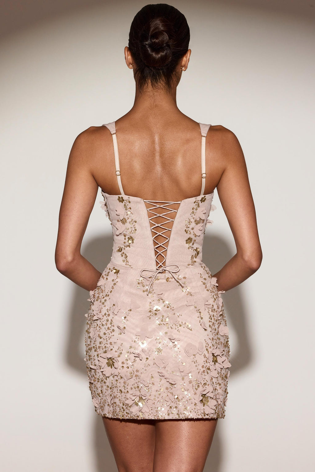 Chic Embellished Appliqué Corset Mini Dress in Pale Gold