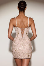 Chic Embellished Appliqué Corset Mini Dress in Pale Gold
