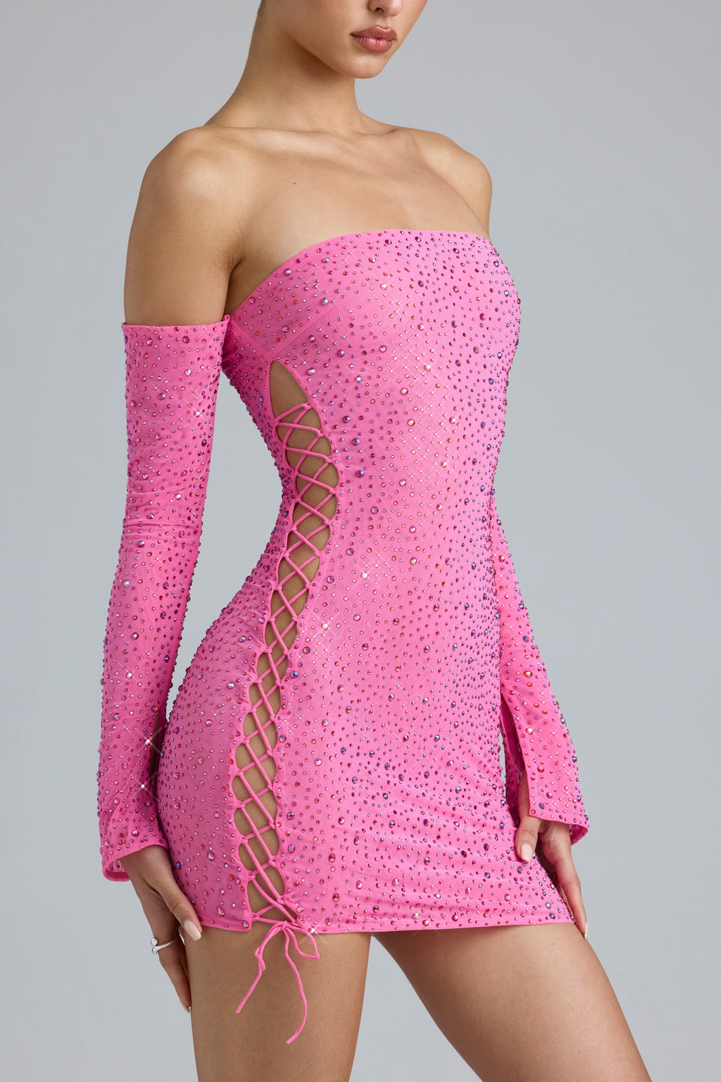Chic Embellished Lace-Up Off-Shoulder Mini Dress in Bubblegum Pink