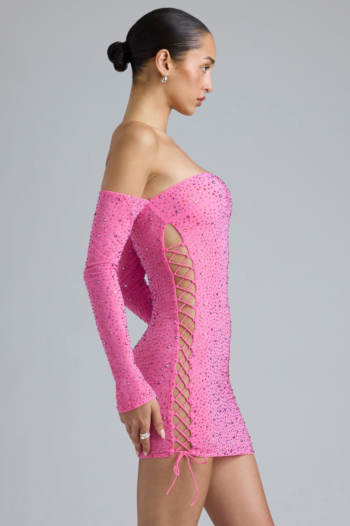Chic Embellished Lace-Up Off-Shoulder Mini Dress in Bubblegum Pink