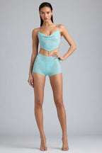 Chic Embellished Mid-Rise Hot Pant Shorts in Ice Blue