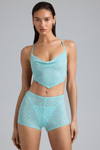 Chic Embellished Mid-Rise Hot Pant Shorts in Ice Blue