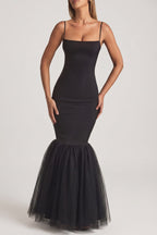 Chic Tulle Hem Fishtail Gown in Black