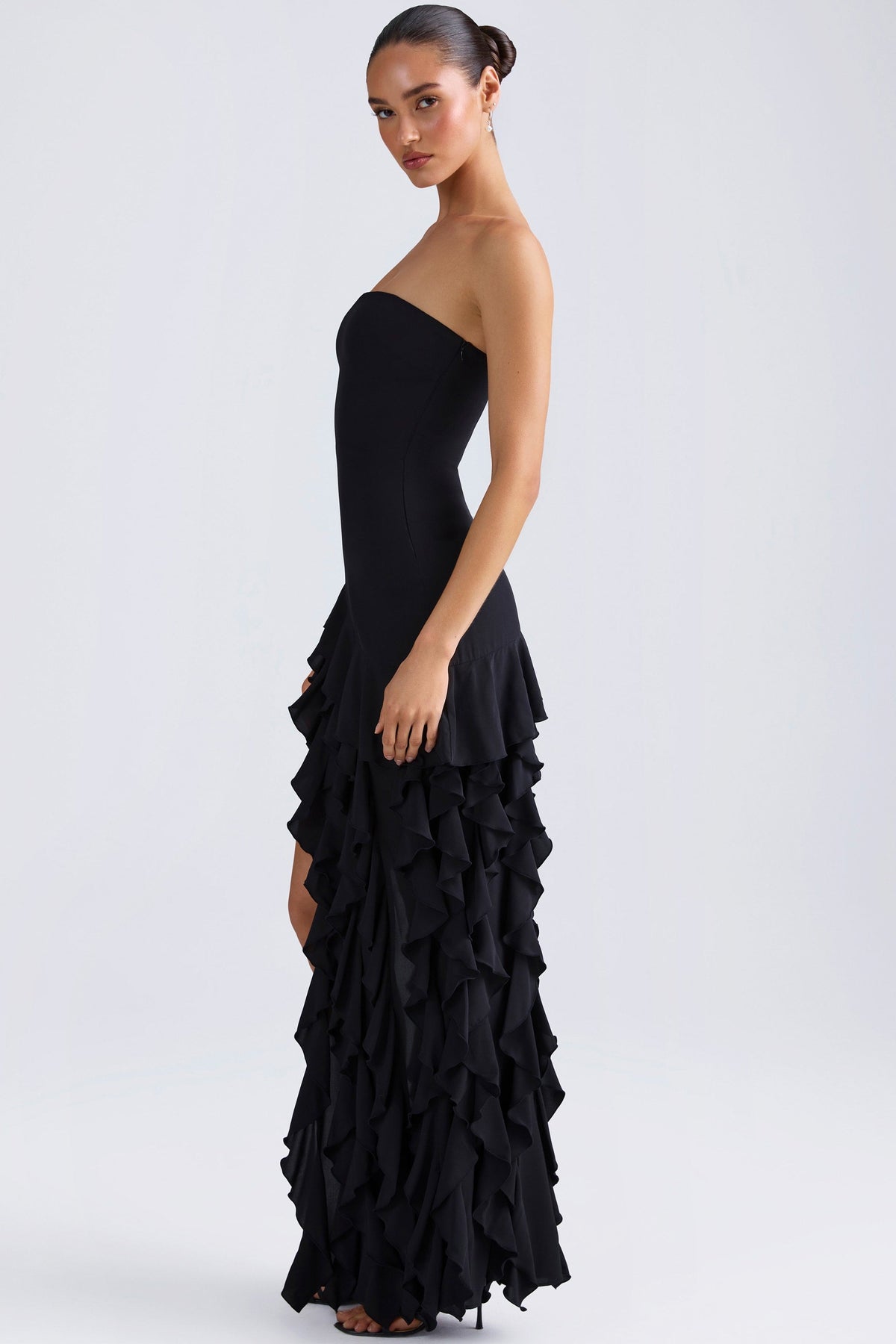 Chic Ruffle-Trim Strapless Gown in Black
