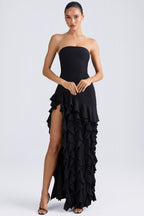 Chic Ruffle-Trim Strapless Gown in Black