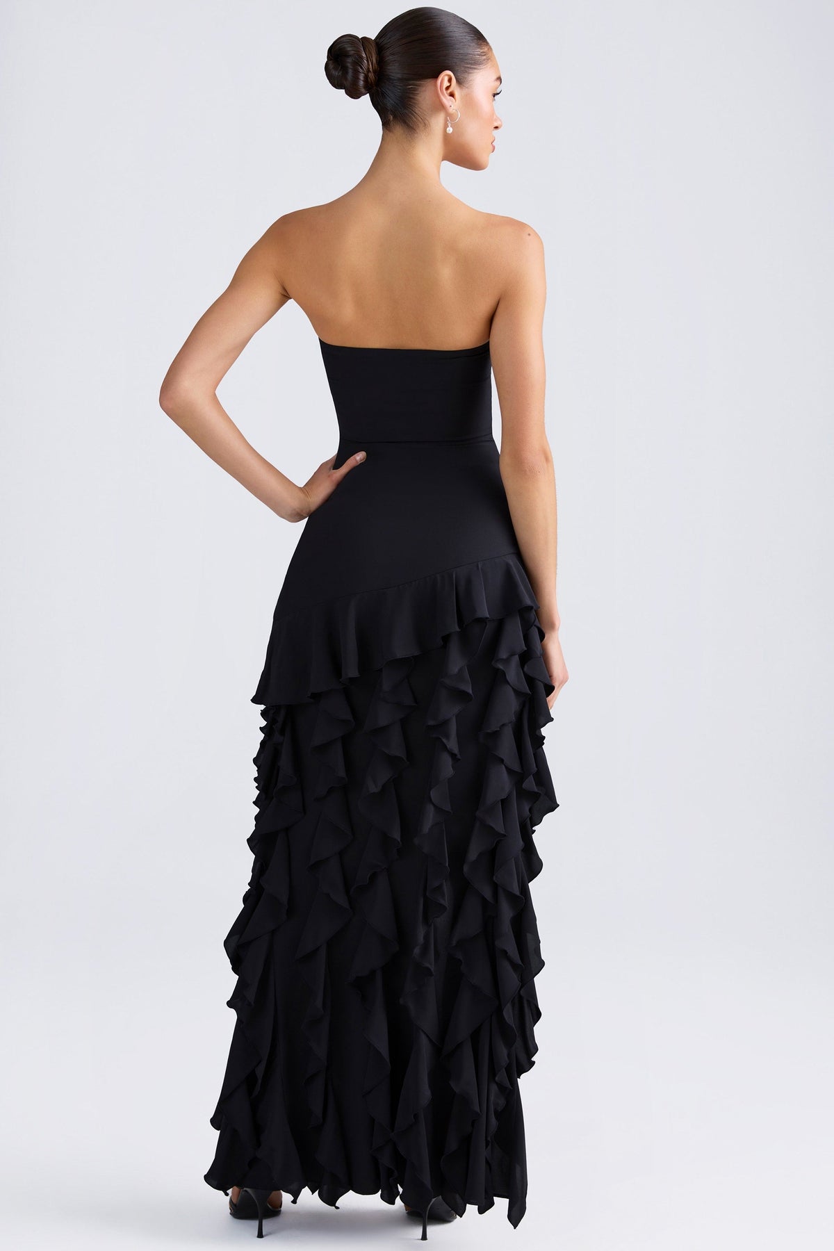 Chic Ruffle-Trim Strapless Gown in Black