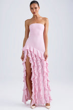 Chic Ruffle-Trim Strapless Gown in Candyfloss Pink