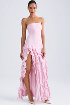 Chic Ruffle-Trim Strapless Gown in Candyfloss Pink