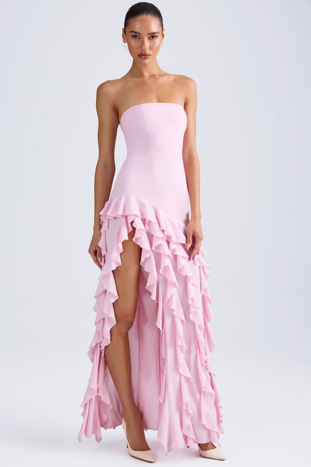Chic Ruffle-Trim Strapless Gown in Candyfloss Pink