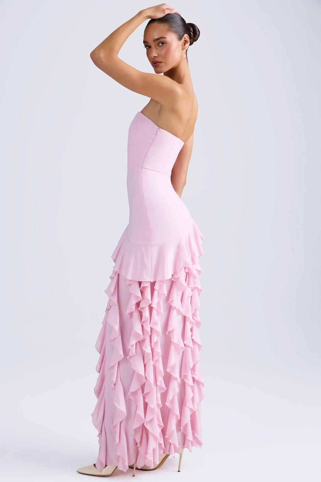 Chic Ruffle-Trim Strapless Gown in Candyfloss Pink