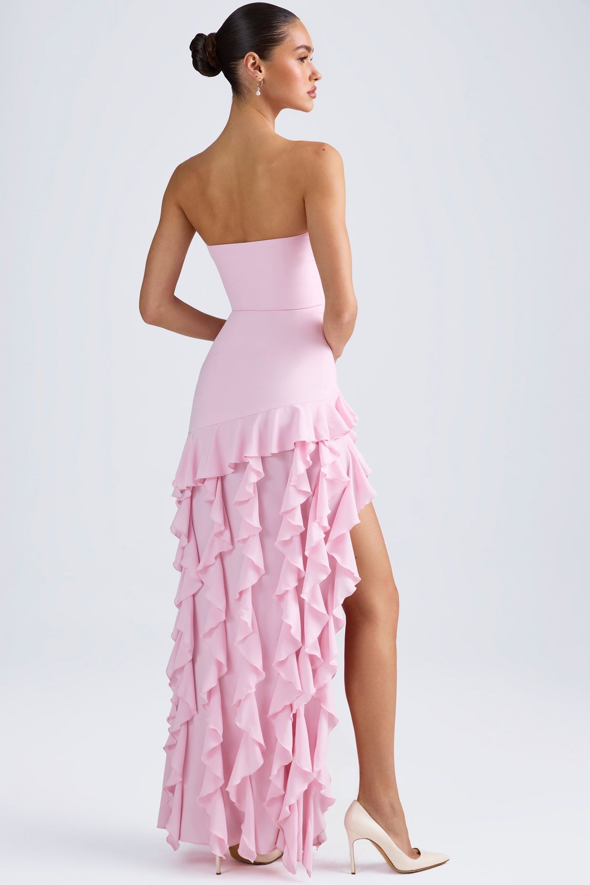 Chic Ruffle-Trim Strapless Gown in Candyfloss Pink