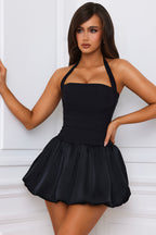Chic Halterneck Lace-Up Bubble Hem Corset Micro Mini Dress in Black