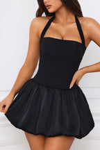 Chic Halterneck Lace-Up Bubble Hem Corset Micro Mini Dress in Black