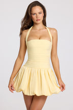 Chic Halterneck Lace-Up Bubble Hem Corset Micro Mini Dress in Butter Yellow