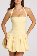 Chic Halterneck Lace-Up Bubble Hem Corset Micro Mini Dress in Butter Yellow