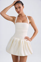 Chic Halterneck Lace-Up Bubble Hem Corset Micro Mini Dress in Ivory