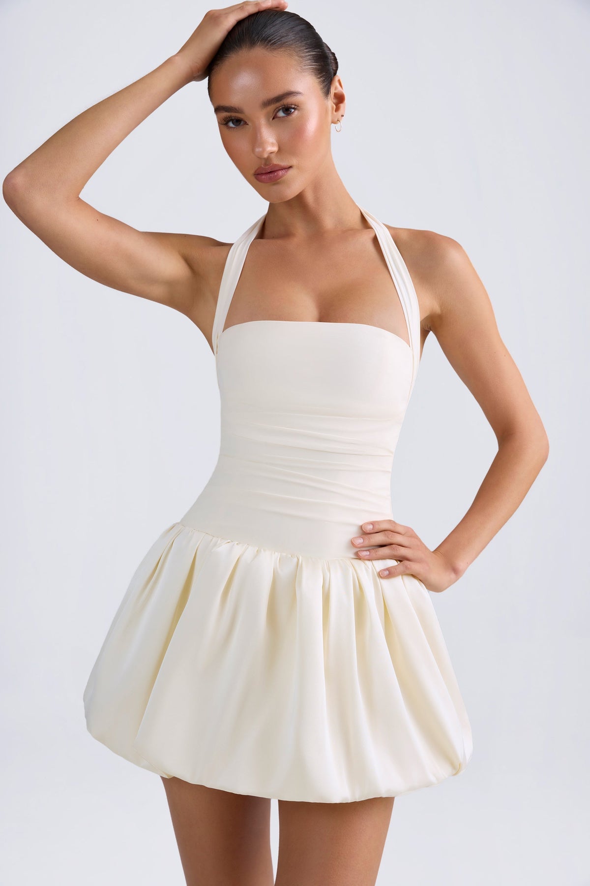 Chic Halterneck Lace-Up Bubble Hem Corset Micro Mini Dress in Ivory