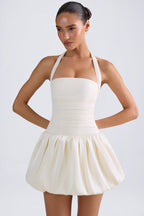Chic Halterneck Lace-Up Bubble Hem Corset Micro Mini Dress in Ivory