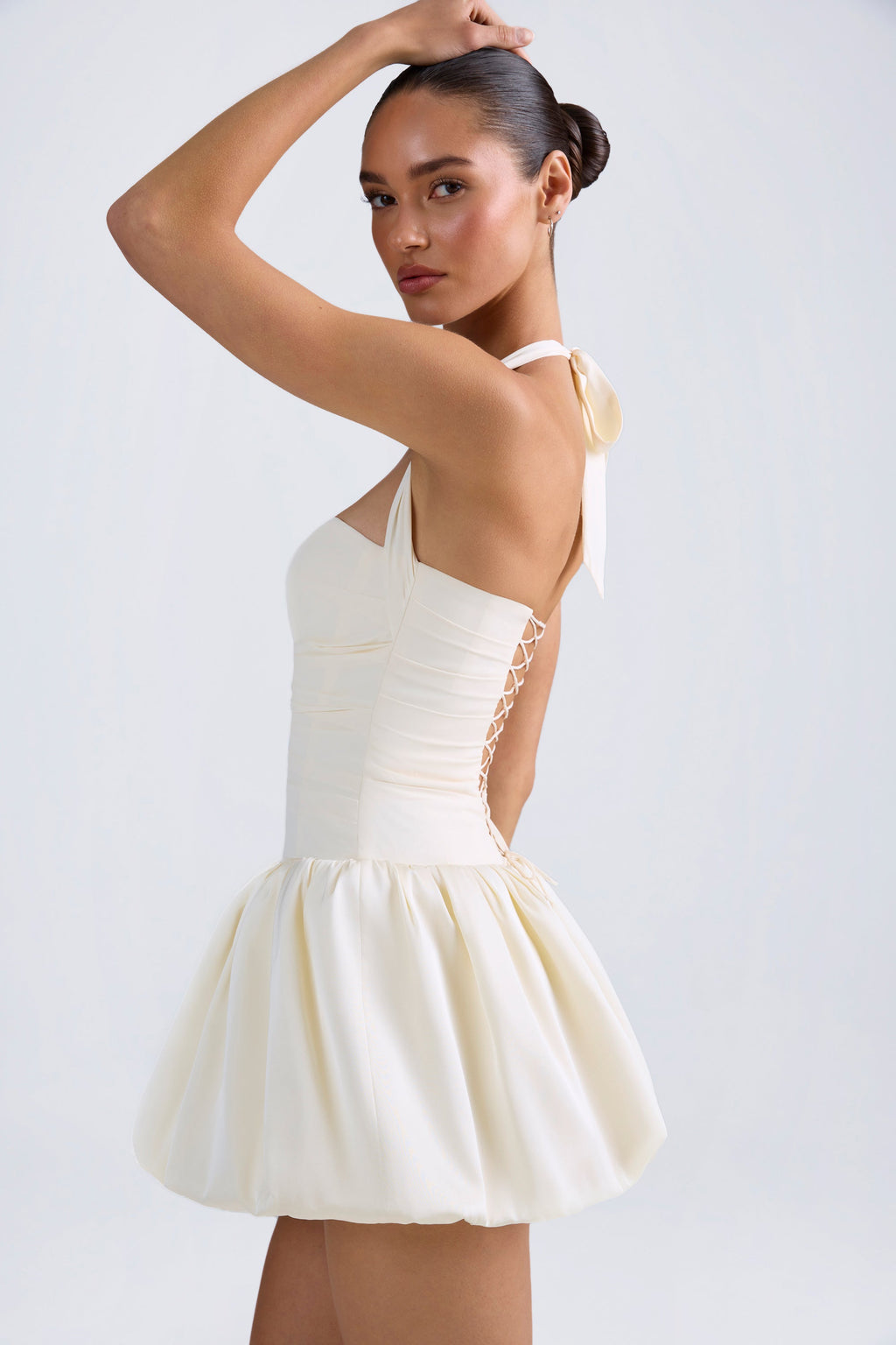 Chic Halterneck Lace-Up Bubble Hem Corset Micro Mini Dress in Ivory