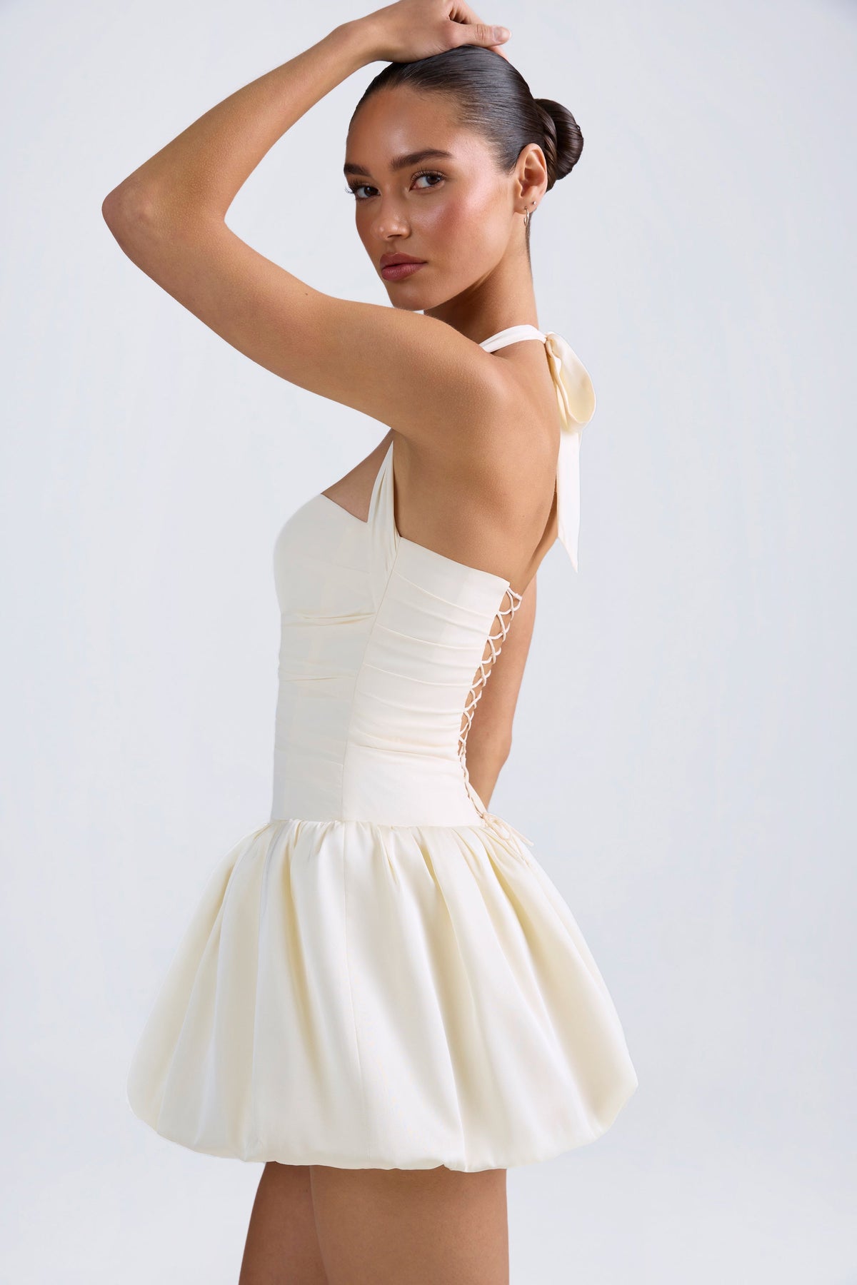 Chic Halterneck Lace-Up Bubble Hem Corset Micro Mini Dress in Ivory