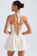 Chic Halterneck Lace-Up Bubble Hem Corset Micro Mini Dress in Ivory