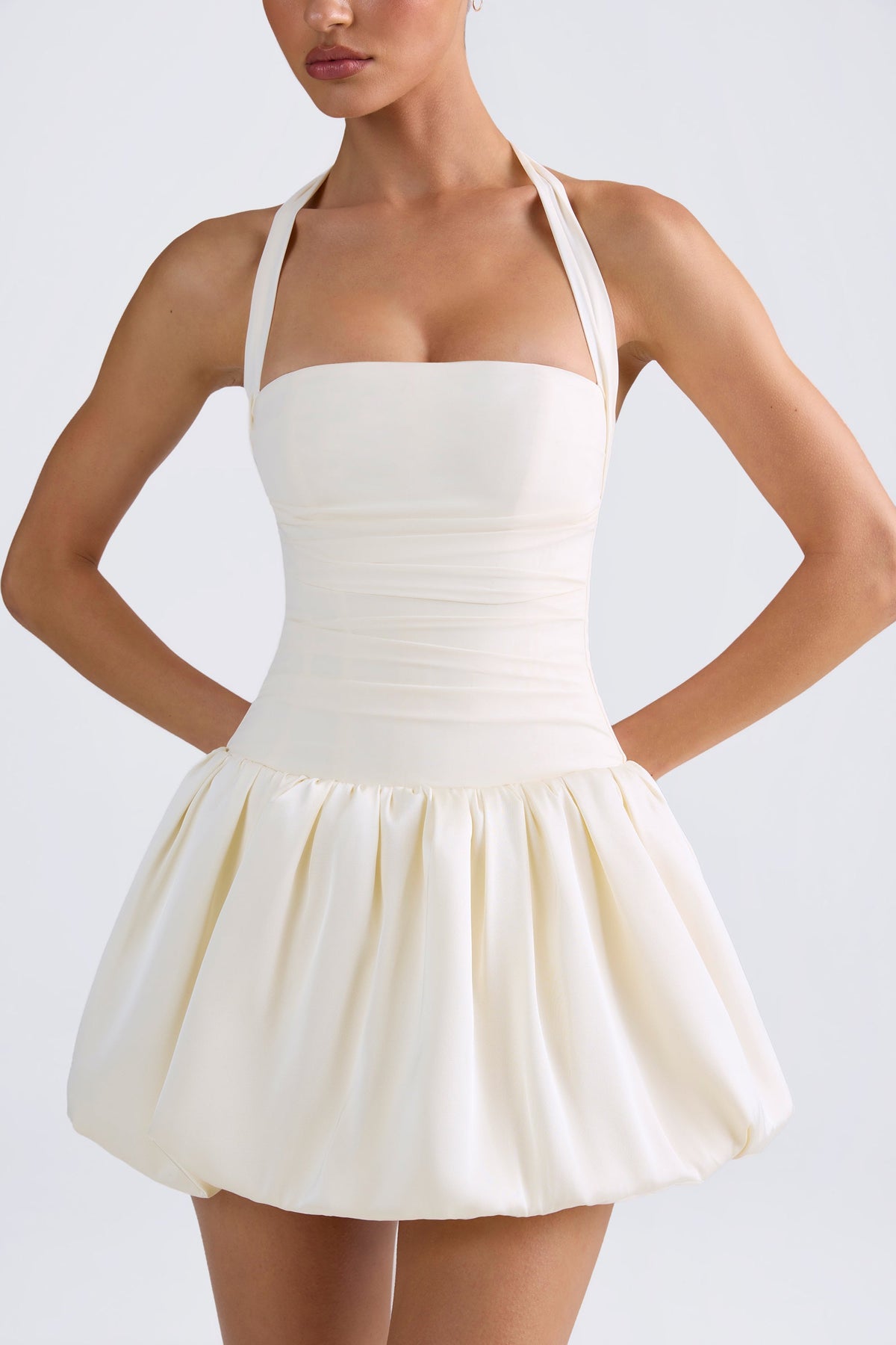 Chic Halterneck Lace-Up Bubble Hem Corset Micro Mini Dress in Ivory