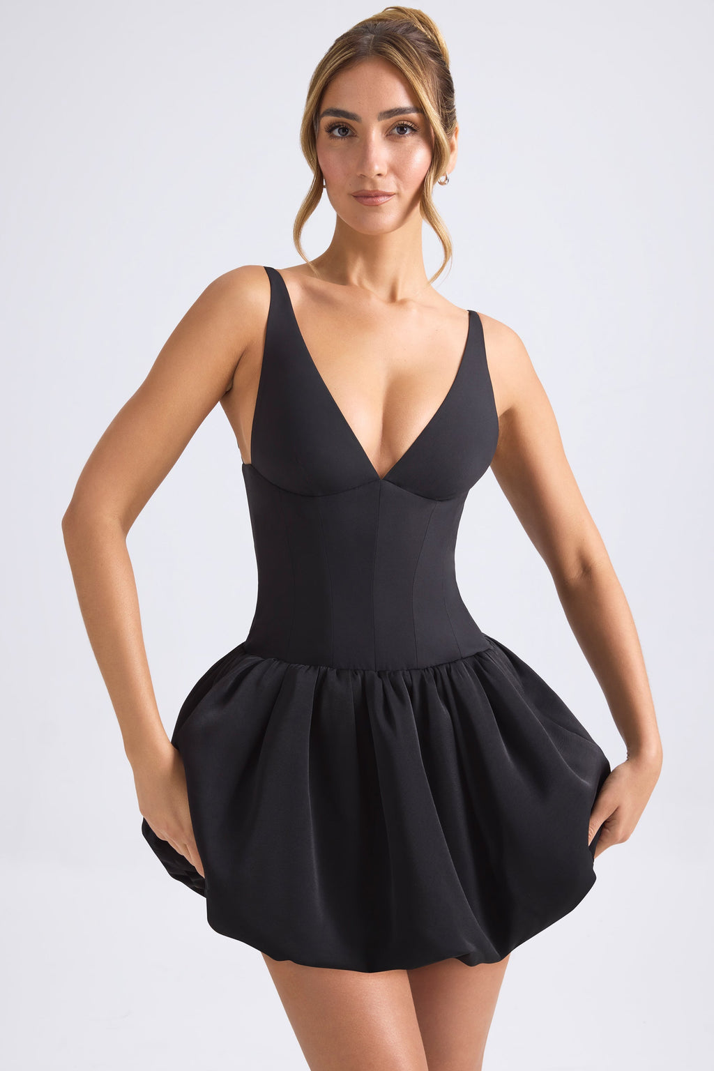 Chic Lace-Up Bubble Hem Corset Micro Mini Dress in Black