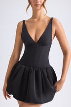 Chic Lace-Up Bubble Hem Corset Micro Mini Dress in Black