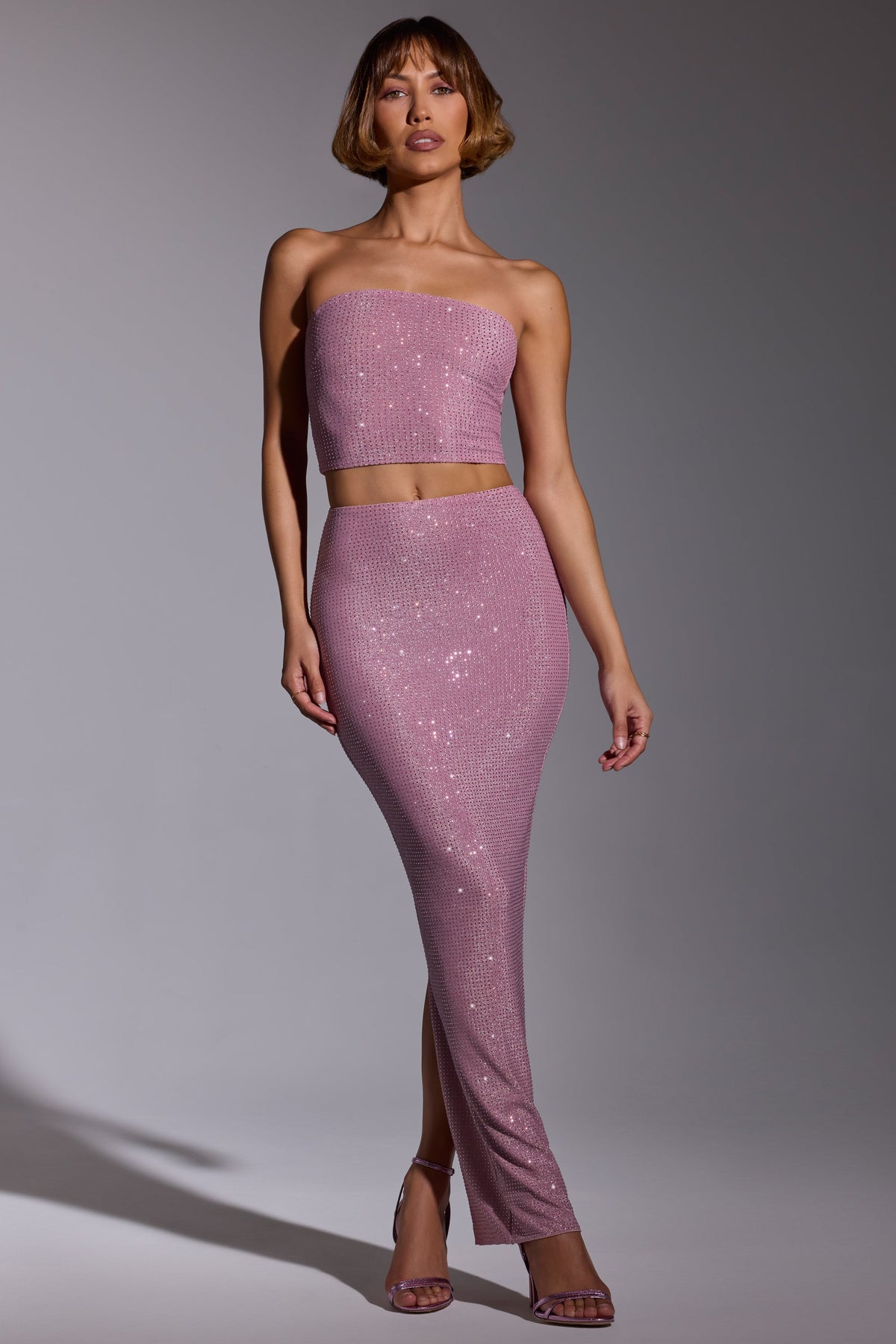 Chic Embellished Mid Rise Maxi Skirt in Light Pink