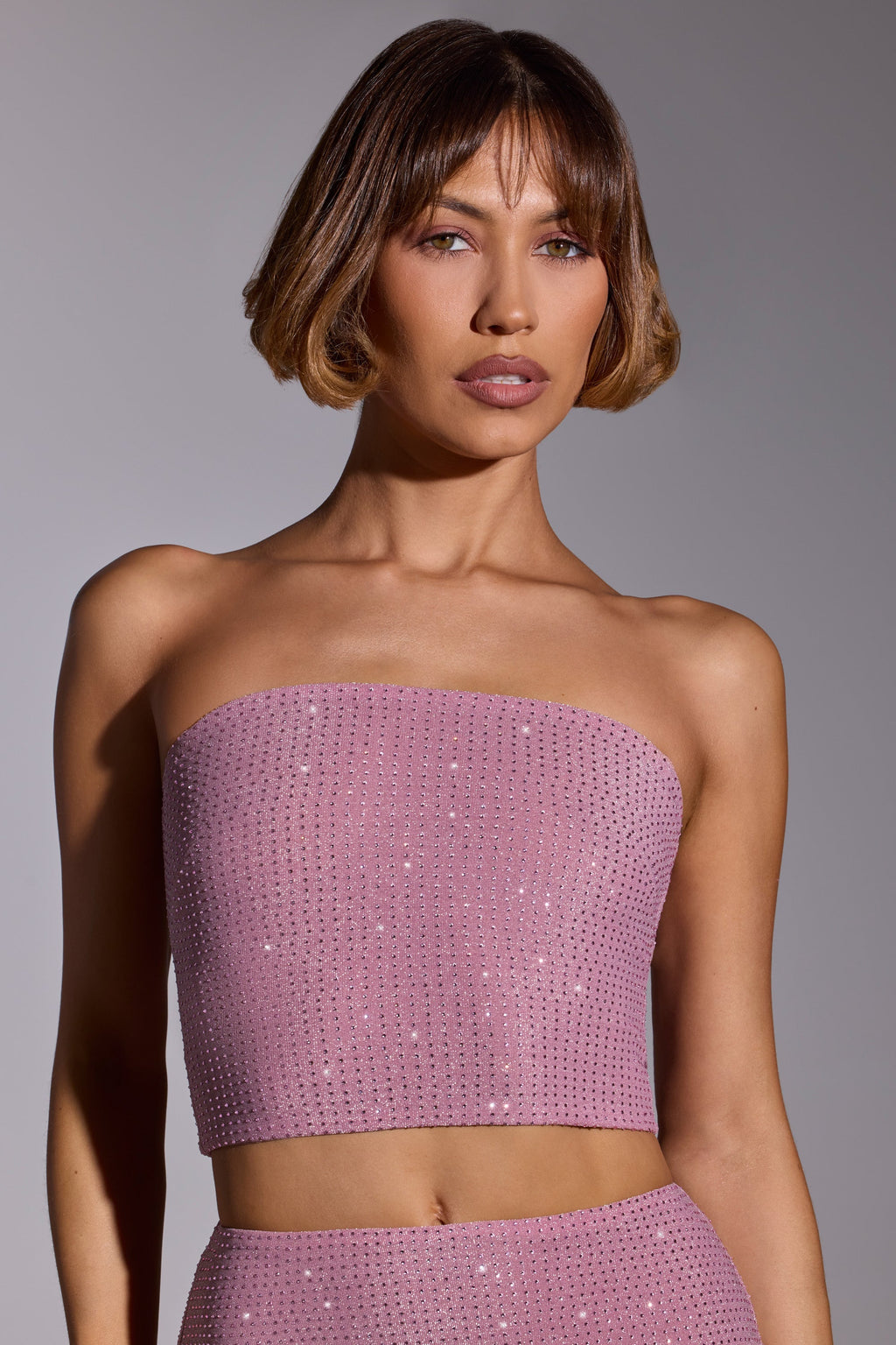 Chic Embellished Strapless Crop Top in Light Pink