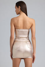 Chic Metallic Denim Belted Strapless Mini Dress in Champagne