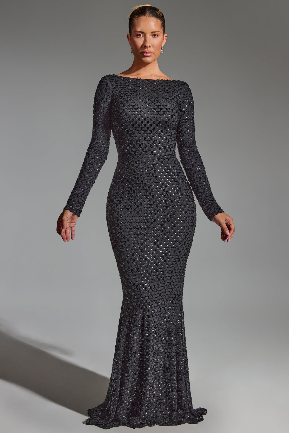Chic Embellished Open-Back Gown in Black