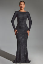 Chic Embellished Open-Back Gown in Black