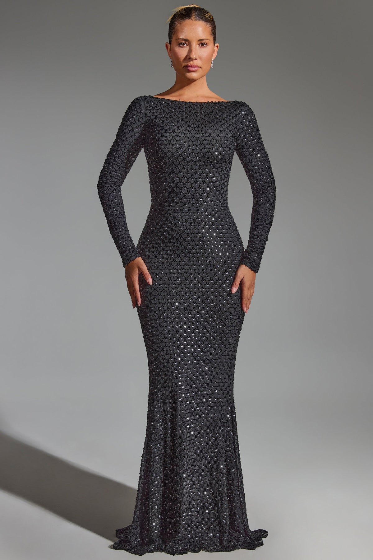 Chic Embellished Open-Back Gown in Black