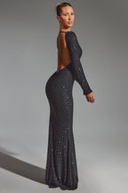 Chic Embellished Open-Back Gown in Black