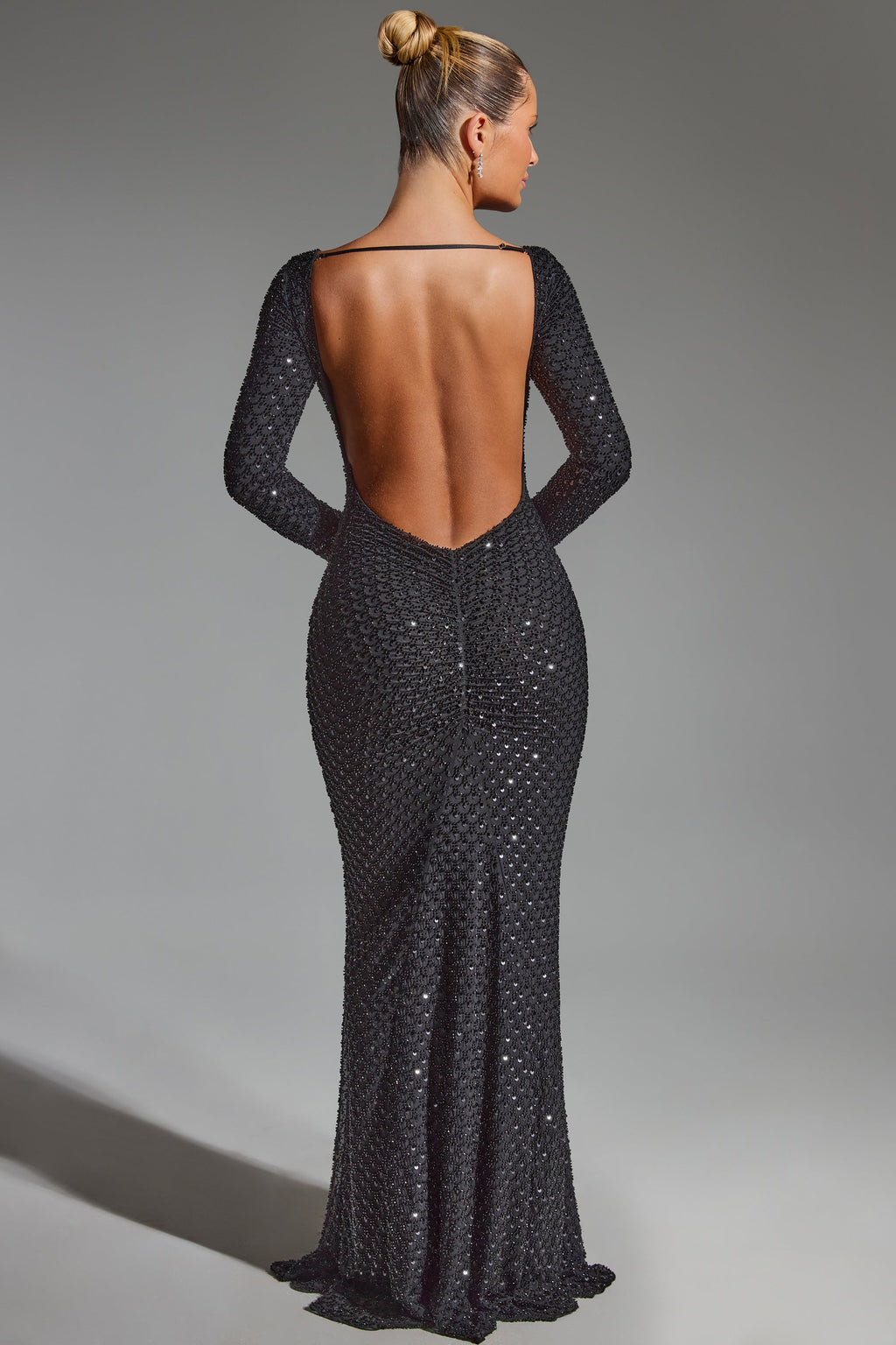 Chic Embellished Open-Back Gown in Black