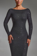 Chic Embellished Open-Back Gown in Black
