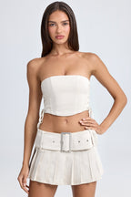 Chic Belted Pleated Low-Rise Micro Mini Skirt in Ecru