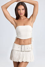 Chic Belted Pleated Low-Rise Micro Mini Skirt in Ecru