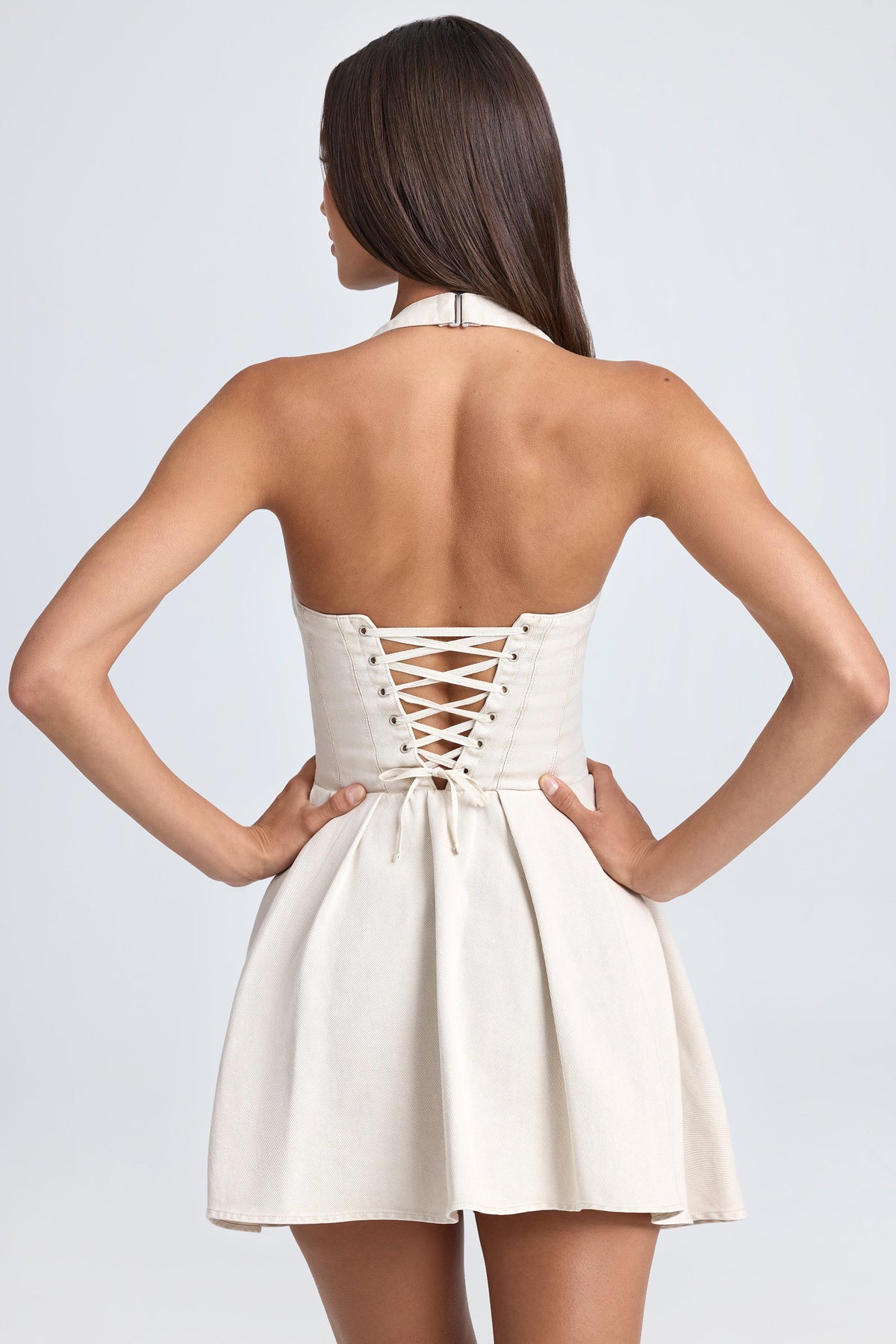 Chic Halterneck Corset Micro Mini Dress in Ecru