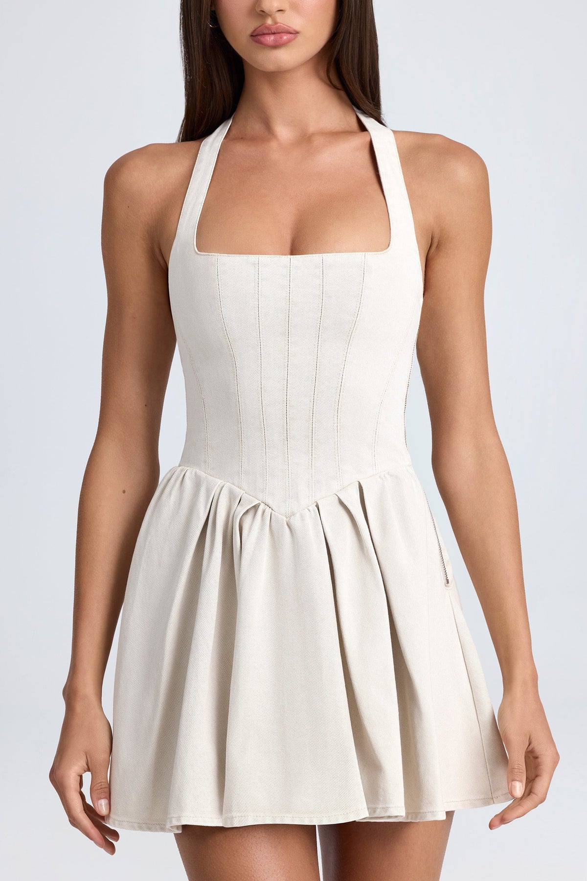 Chic Halterneck Corset Micro Mini Dress in Ecru