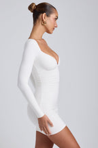 Chic Modal Ruched Long-Sleeve Mini Dress in White