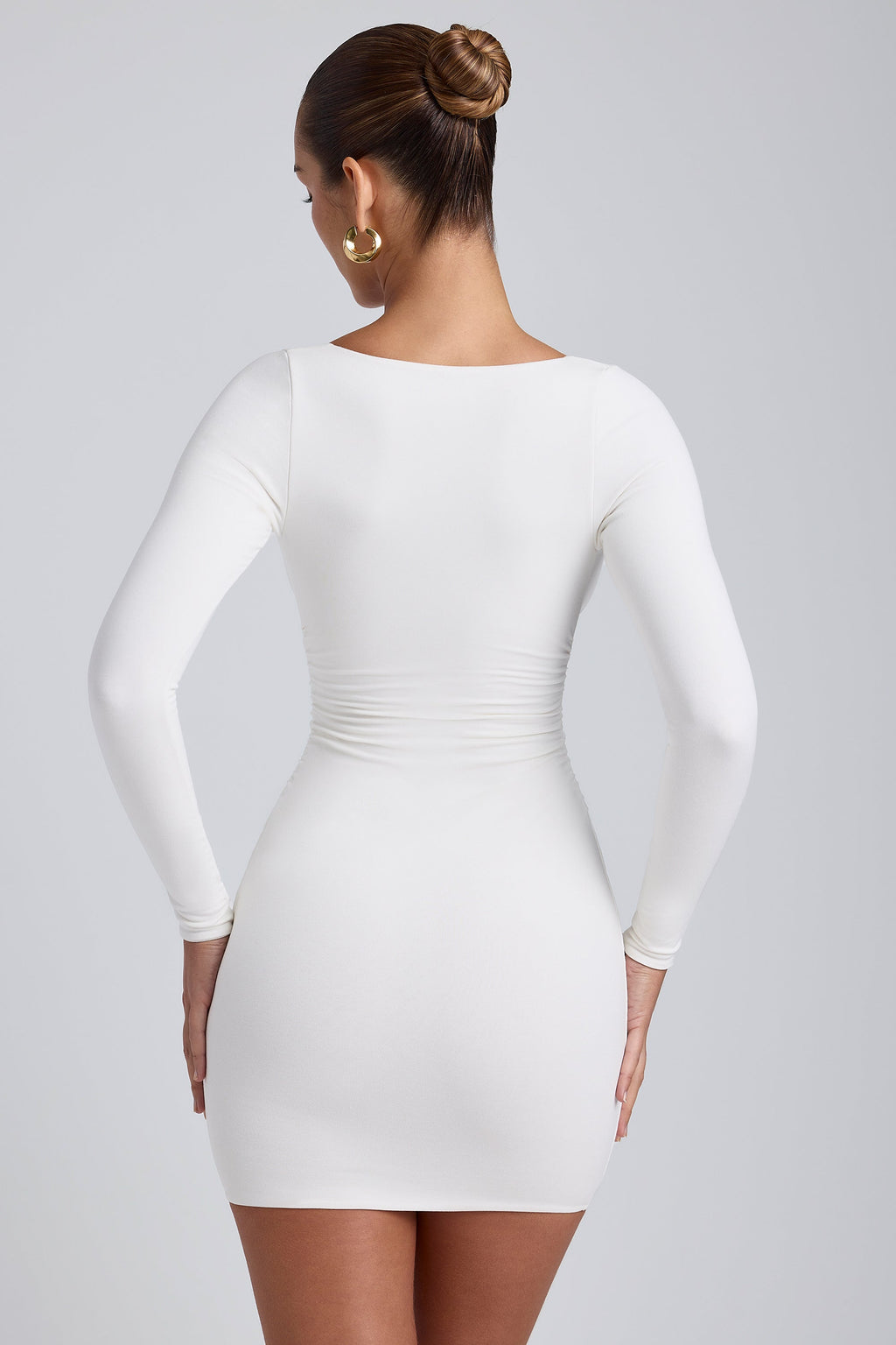 Chic Modal Ruched Long-Sleeve Mini Dress in White