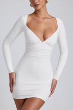 Chic Modal Ruched Long-Sleeve Mini Dress in White