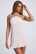 Chic Hardware Detail Open-Back Halterneck Micro Mini Dress in Sky Grey