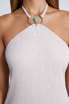 Chic Hardware Detail Open-Back Halterneck Micro Mini Dress in Sky Grey