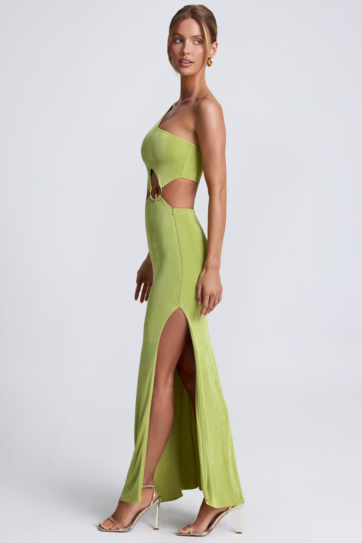 Chic Hardware Detail One-Shoulder Maxi Dress in Olive