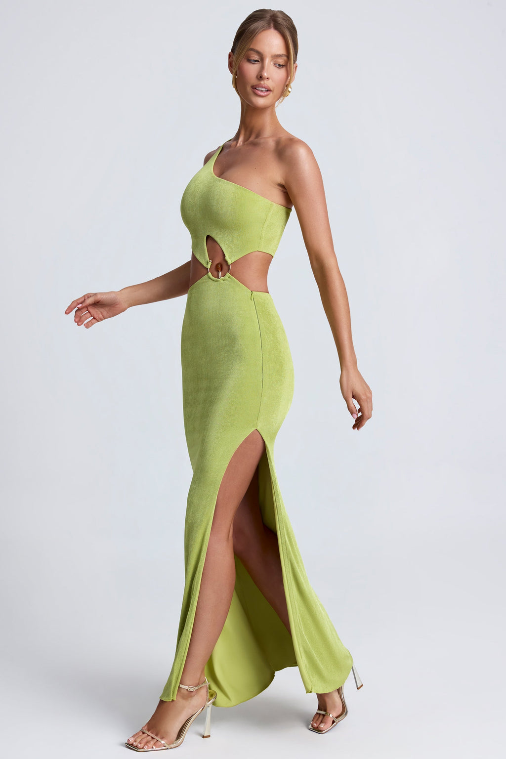 Chic Hardware Detail One-Shoulder Maxi Dress in Olive