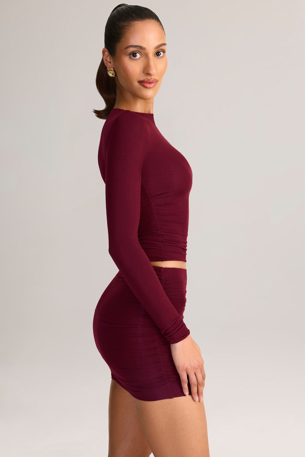 Chic Modal Ruched Mid-Rise Mini Skirt in Wine Red